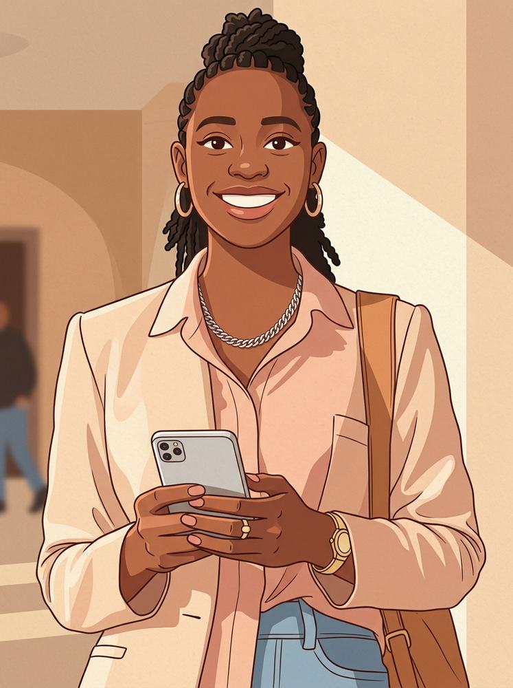 Nigerian university student smiling while using her smartphone on campus