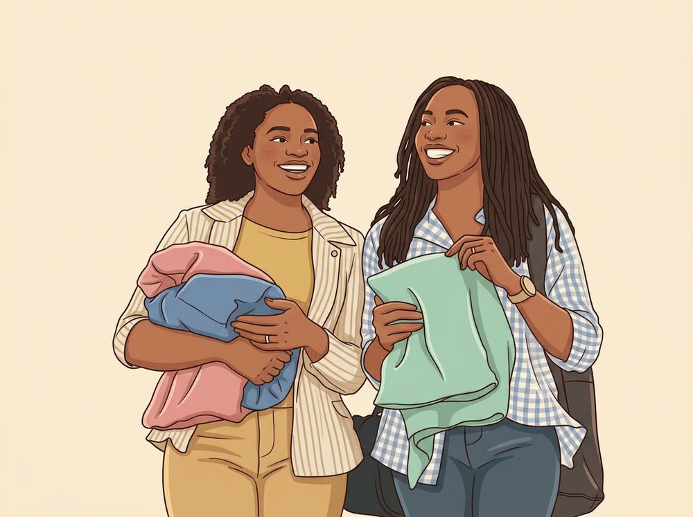 Two students holding fashion clothing items they promote on campus