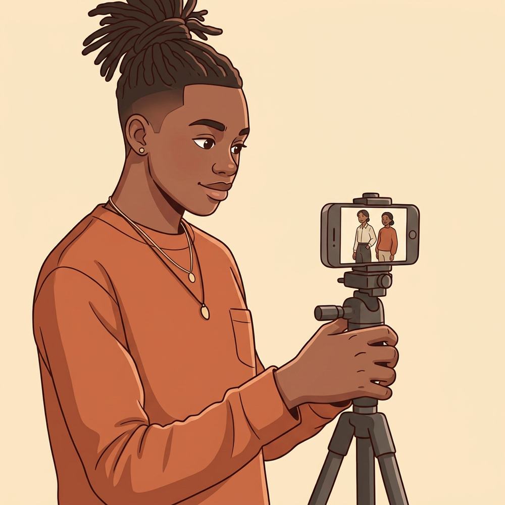 Student filming product content with a phone on a tripod